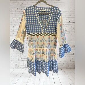 BINDU‎ Manuela Dress in Blue Cotton Peasant Boho Embroidered M